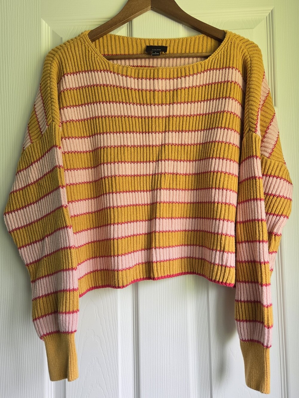 Lumiere 100% Cotton Striped Cropped Knit Pullover Sweater Pink & Yellow Large